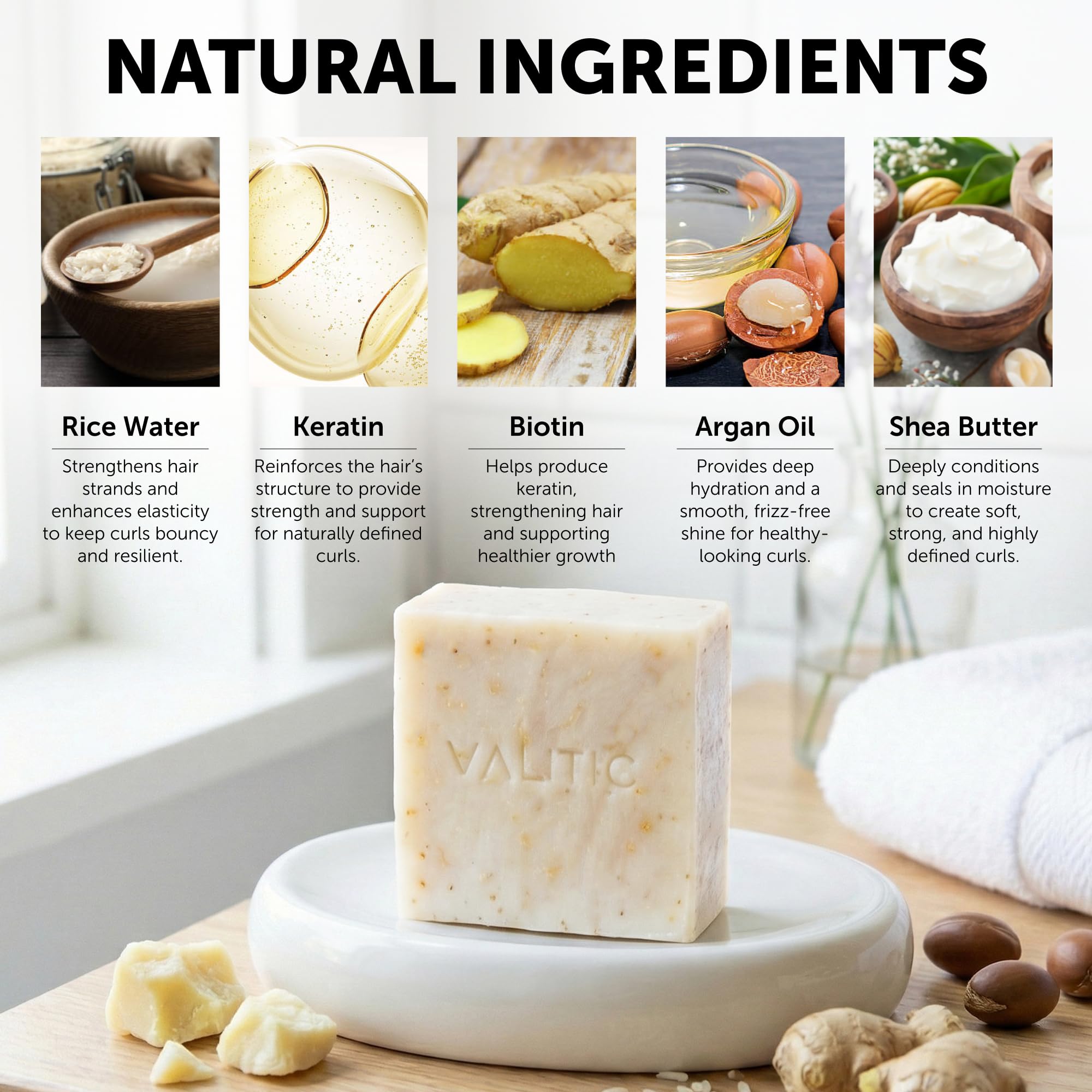 VALITIC shampoo bar ingredients label showing rice water, argan and keratin benefit