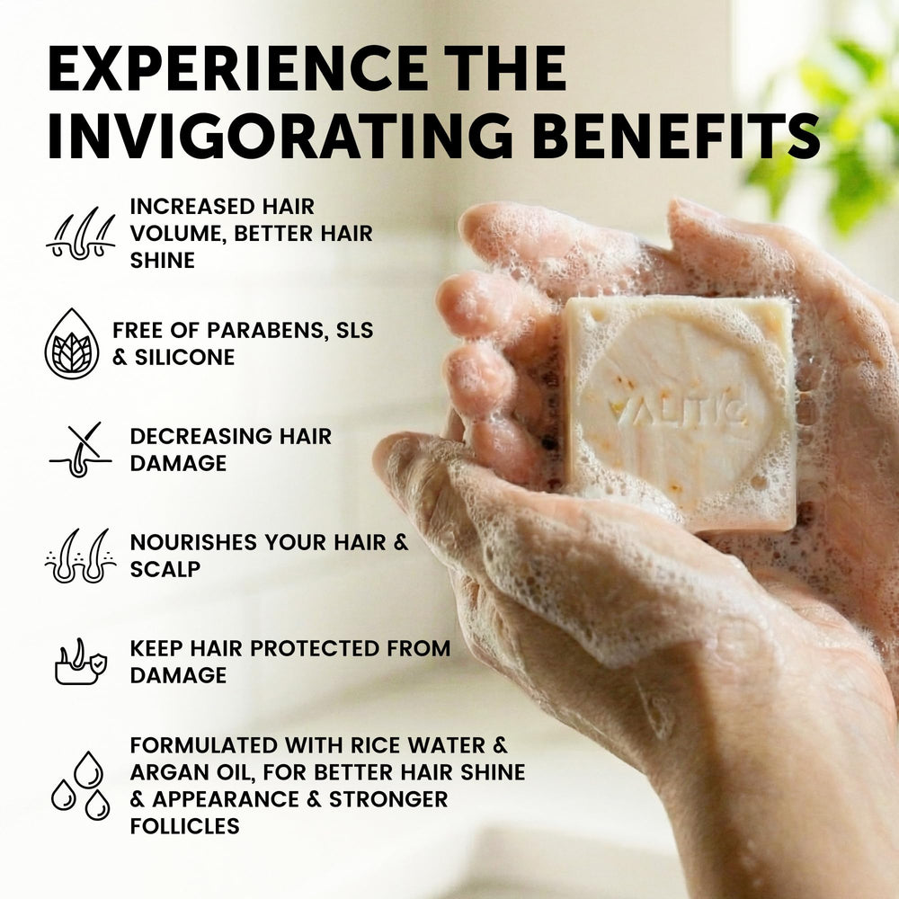 VALITIC shampoo bar lather in hands demonstrating rich foam and easy application