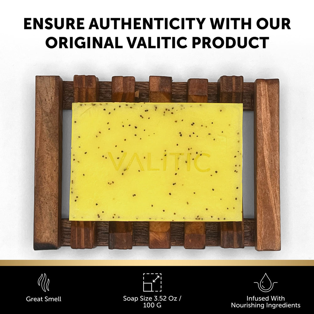 VALITIC soap near lemon and turmeric roots highlighting botanical brightening