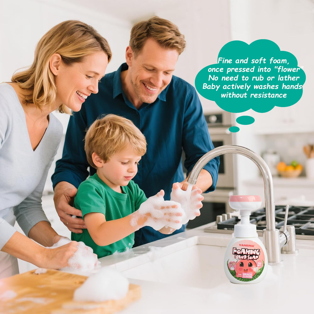VANERIA child pressing pump at sink illustrating independent handwashing
