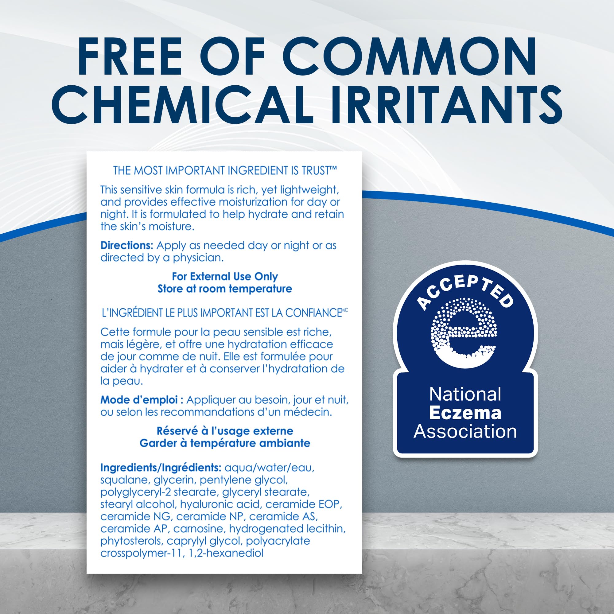 Vanicream label close-up reading fragrance-free, reassures no irritants