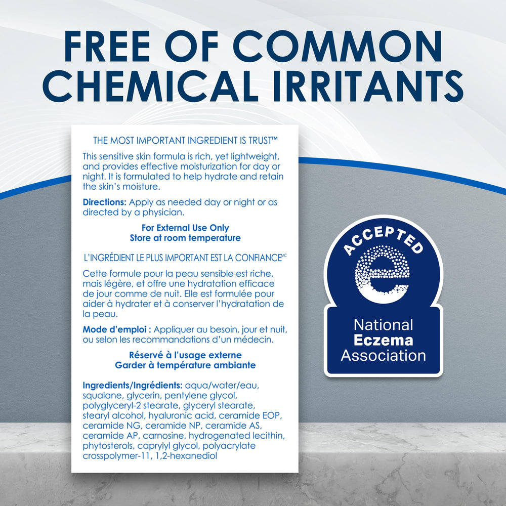 Vanicream label close-up reading fragrance-free, reassures no irritants