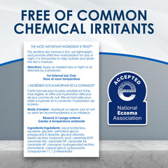 Vanicream label close-up reading fragrance-free, reassures no irritants