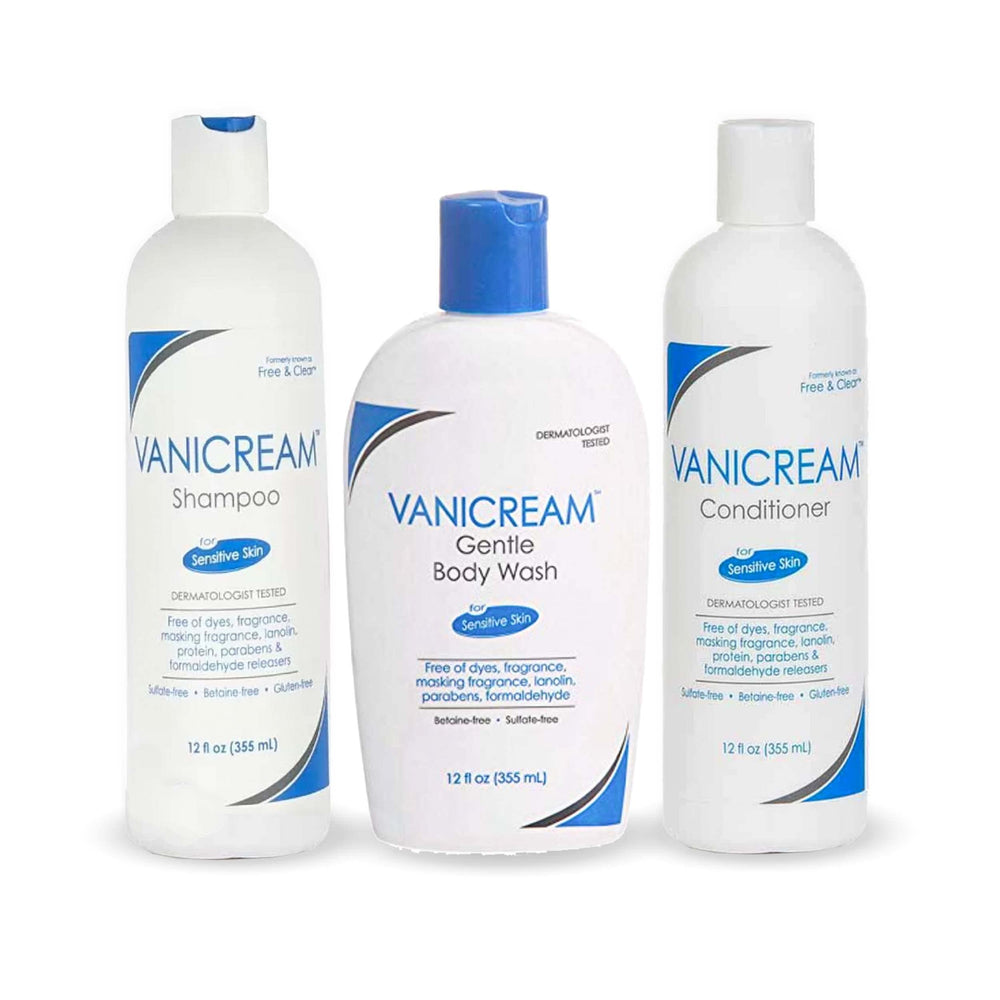 Vanicream trio front packaging showing bottles and gentle care benefits