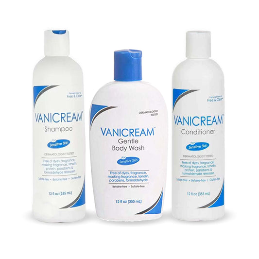 Vanicream trio front packaging showing bottles and gentle care benefits