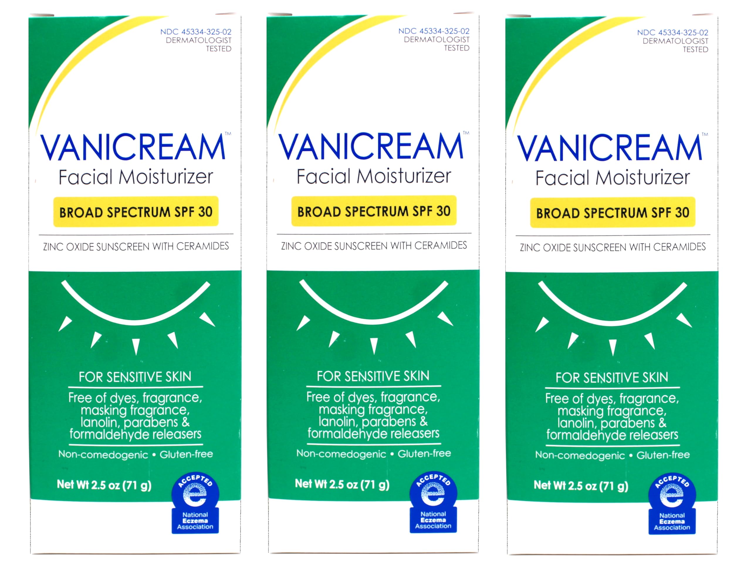 Vanicream front tube showing SPF 30 protection and lightweight moisturizer benefit