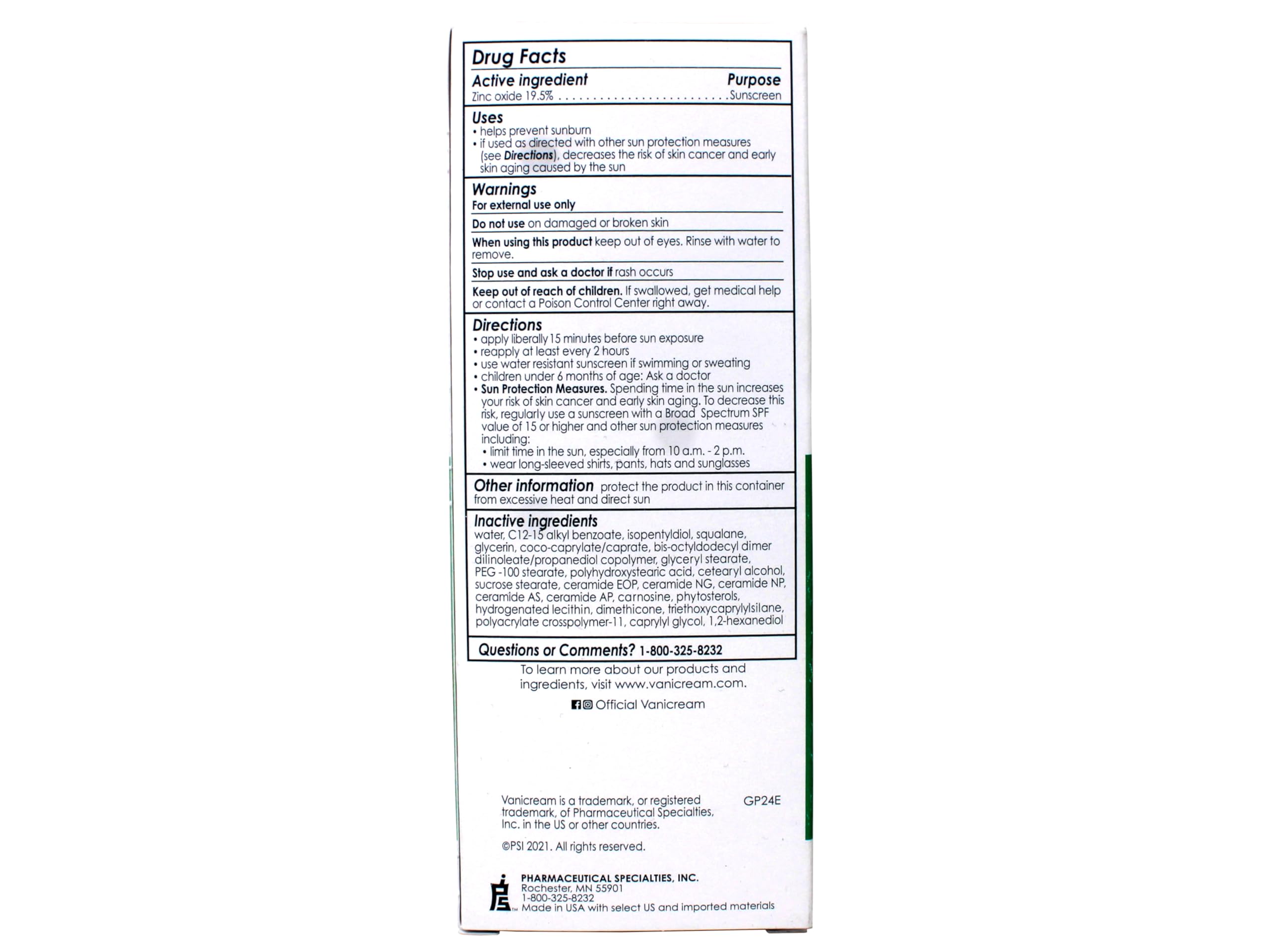 Vanicream ingredients label highlighting zinc oxide and ceramides for barrier support