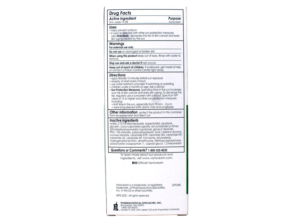 Vanicream ingredients label highlighting zinc oxide and ceramides for barrier support