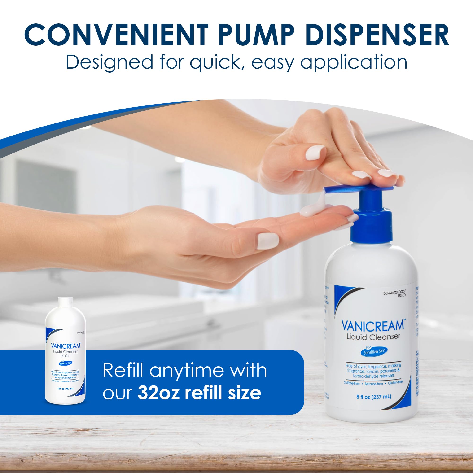 Vanicream bottle beside bathroom sink showing routine use — convenient daily cleansing