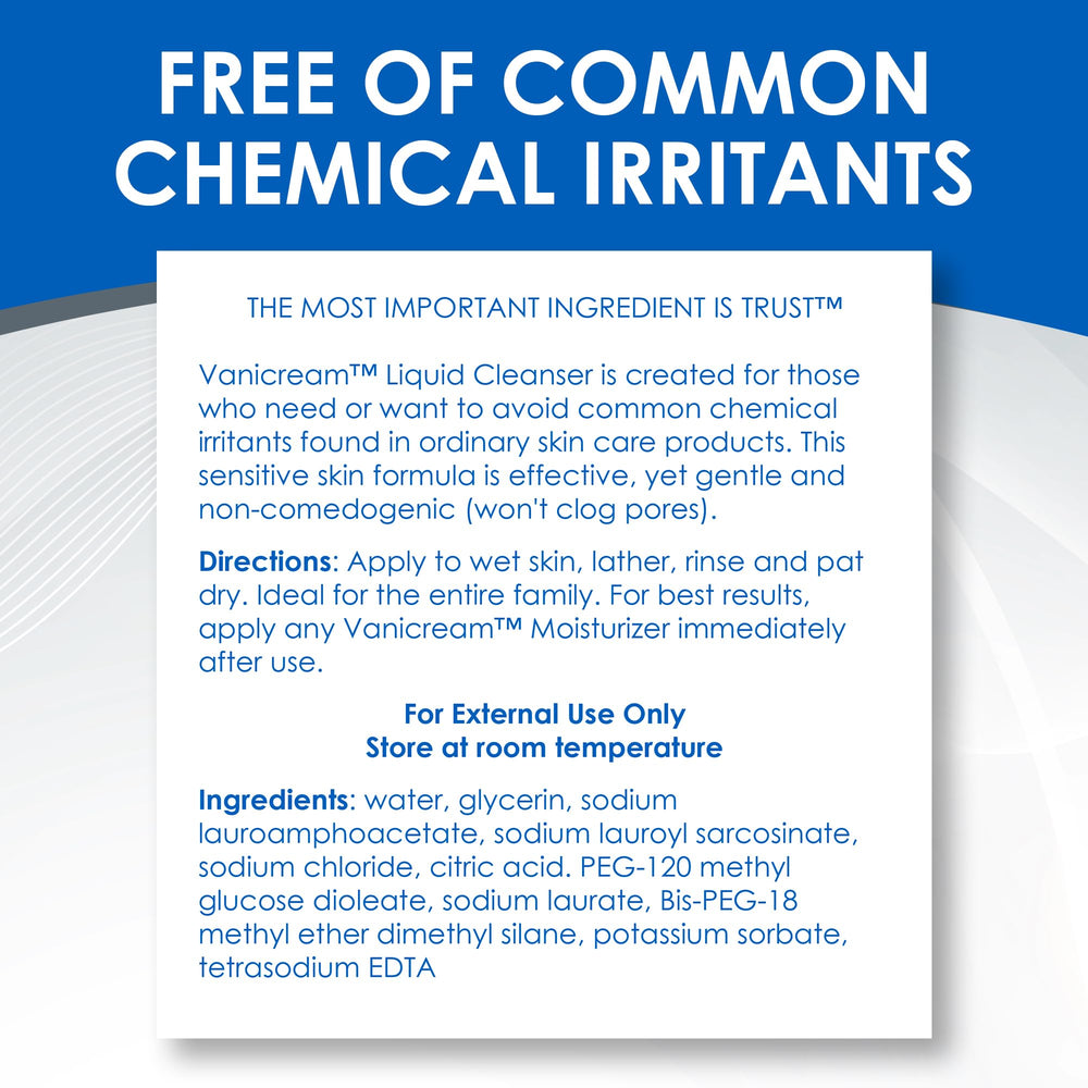 Vanicream label with 'free of dyes and fragrance' claims visible — reduced irritation risk