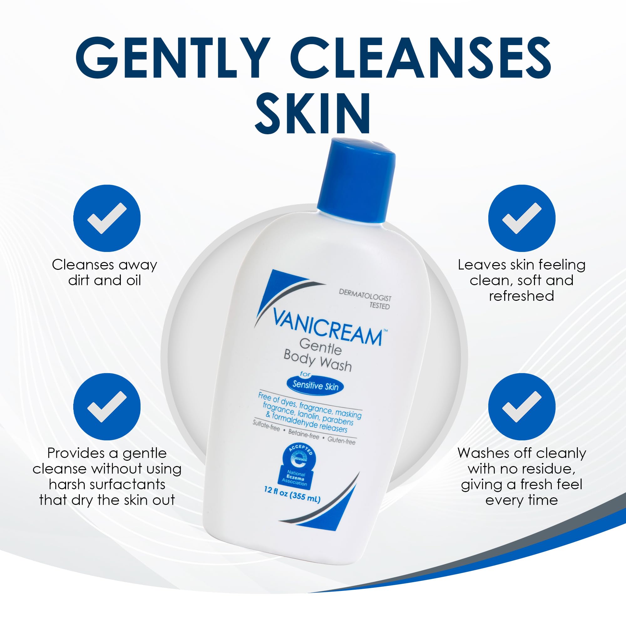 Vanicream being poured onto a pouf to show low-foam application and gentle spread benefit
