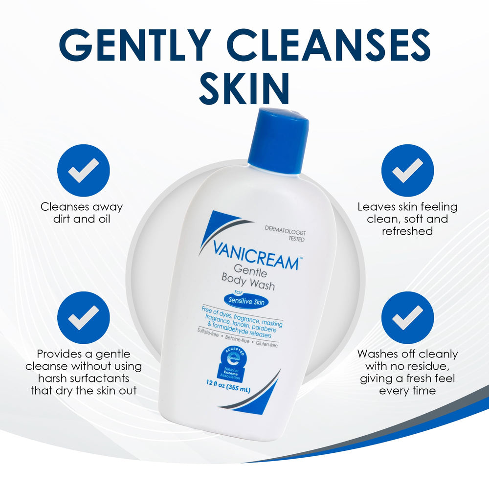 Vanicream being poured onto a pouf to show low-foam application and gentle spread benefit