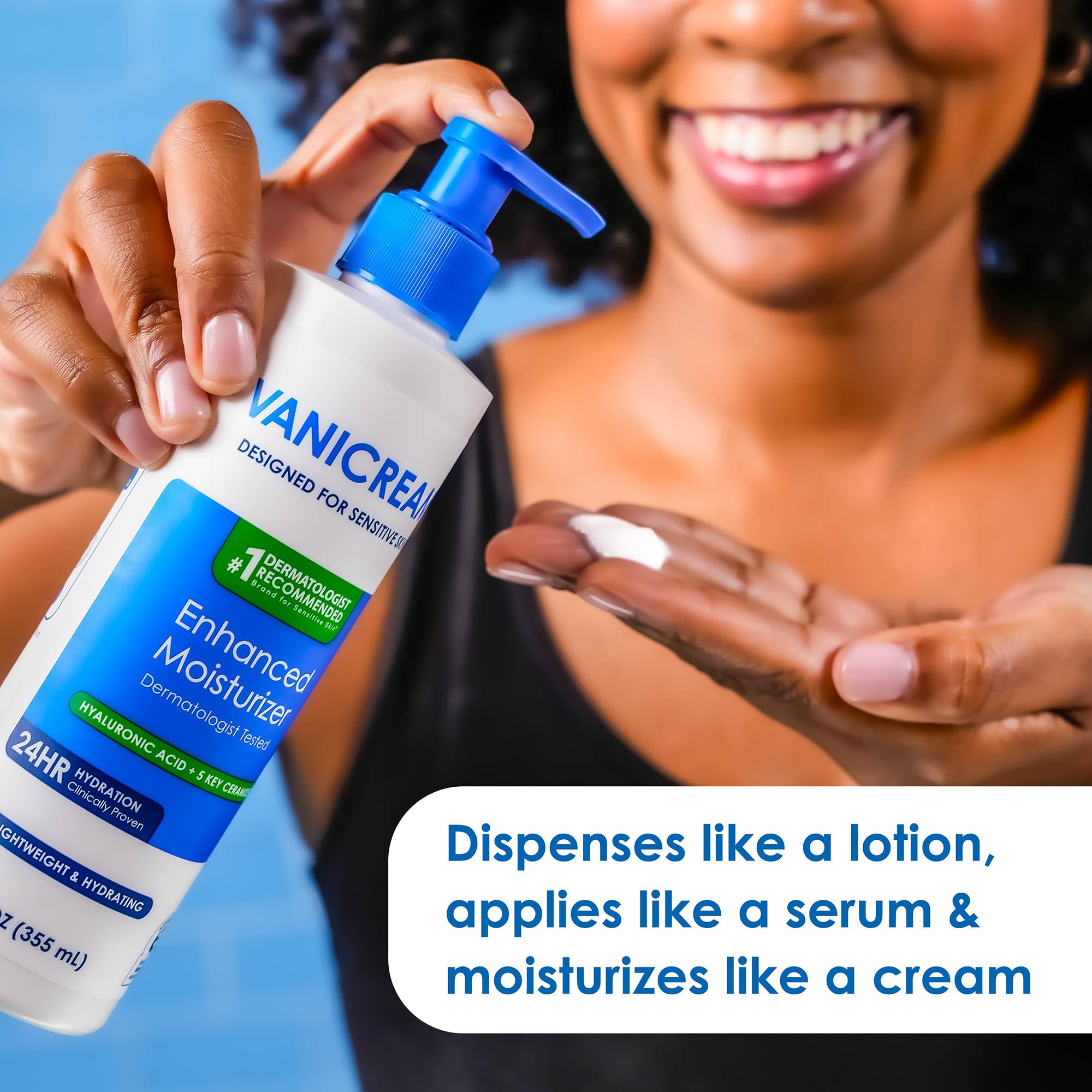 Vanicream lotion texture on hand showing fast-absorbing, non-greasy finish
