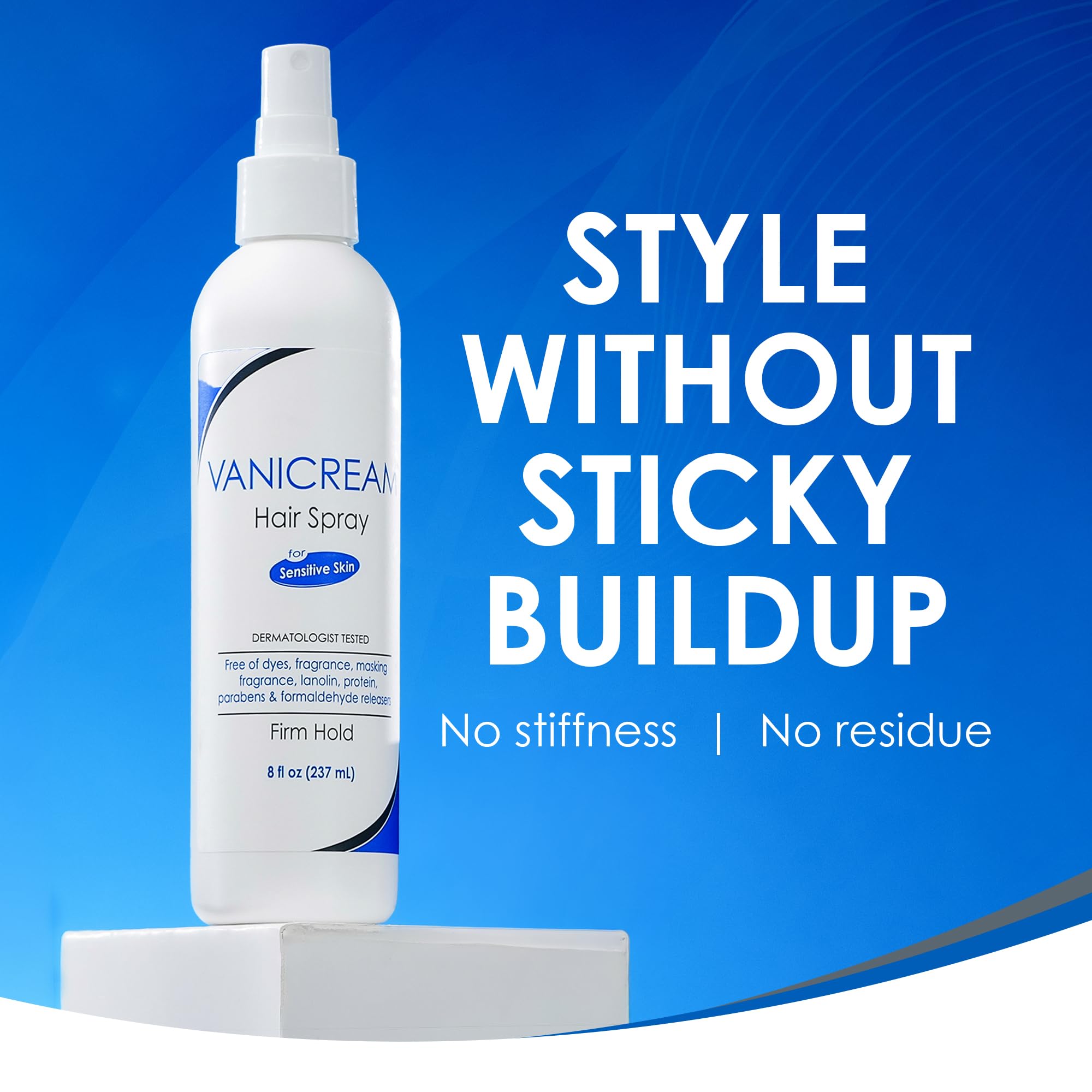 Vanicream texture of spray on hair illustrating natural-looking firm hold benefit
