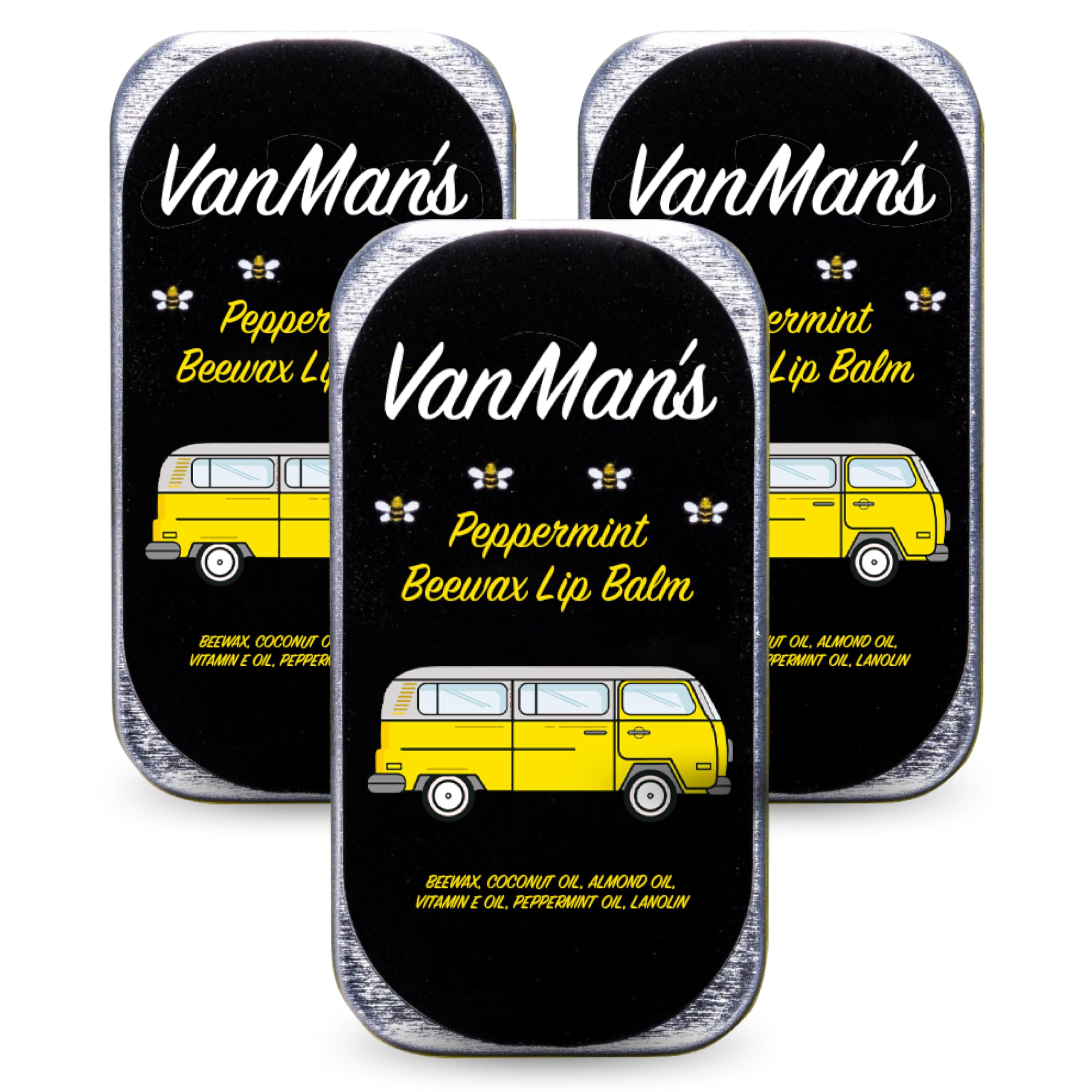 VanMan Company front packaging showing three peppermint lip balms and benefits
