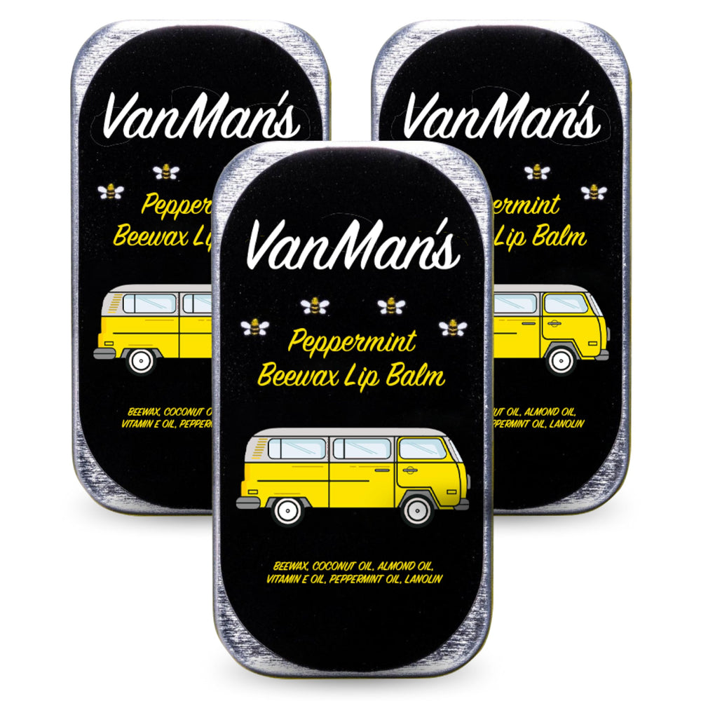 VanMan Company front packaging showing three peppermint lip balms and benefits