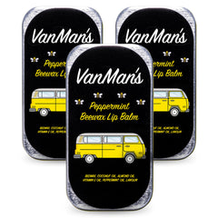 VanMan Company front packaging showing three peppermint lip balms and benefits
