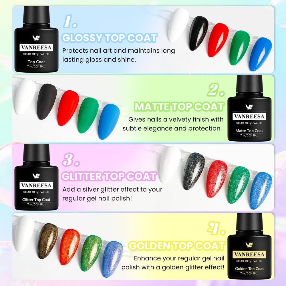 VANREESA base coat and four top coats labels clearly visible for finishing choices