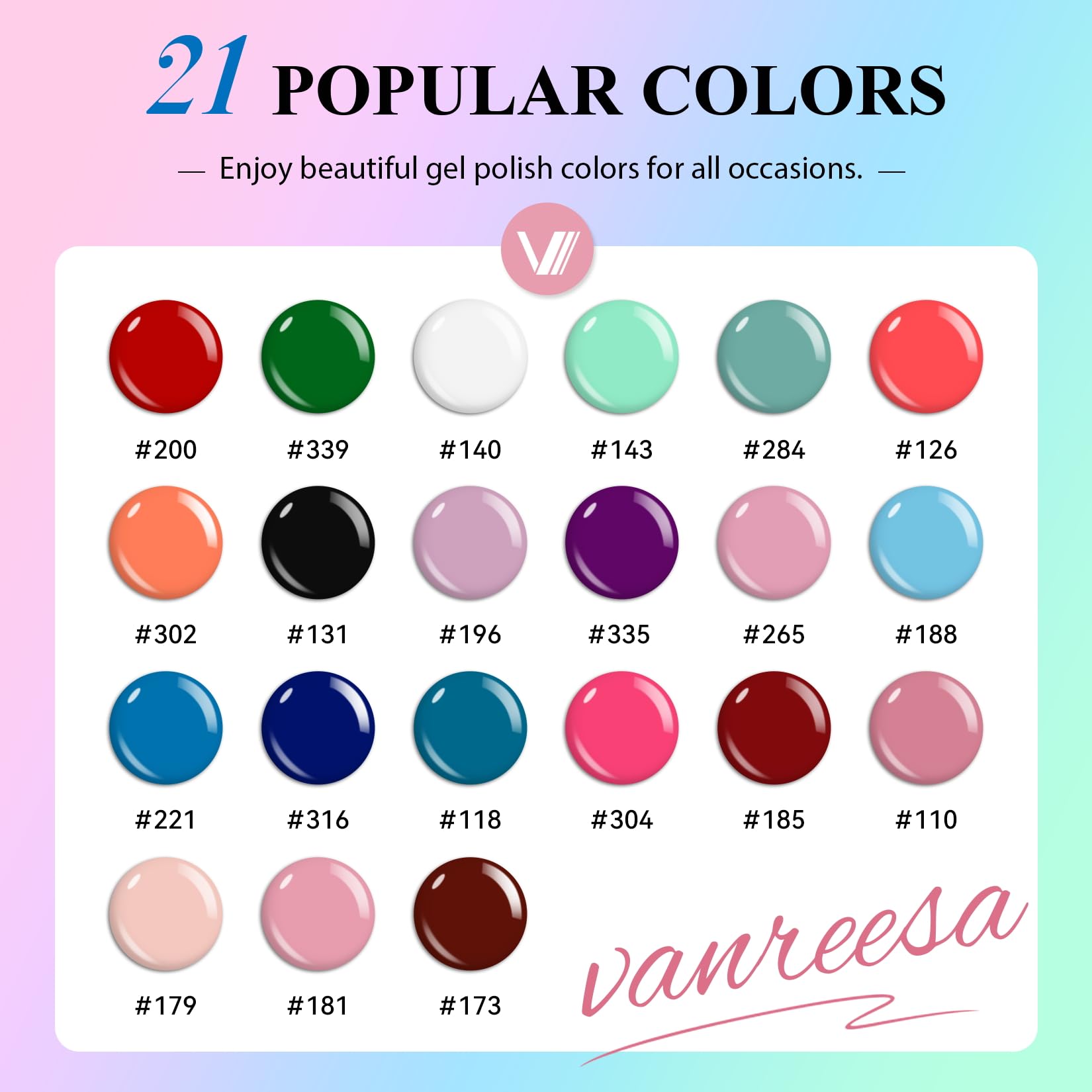 VANREESA color array top view showing 21 shades for mix-and-match outfit coordination