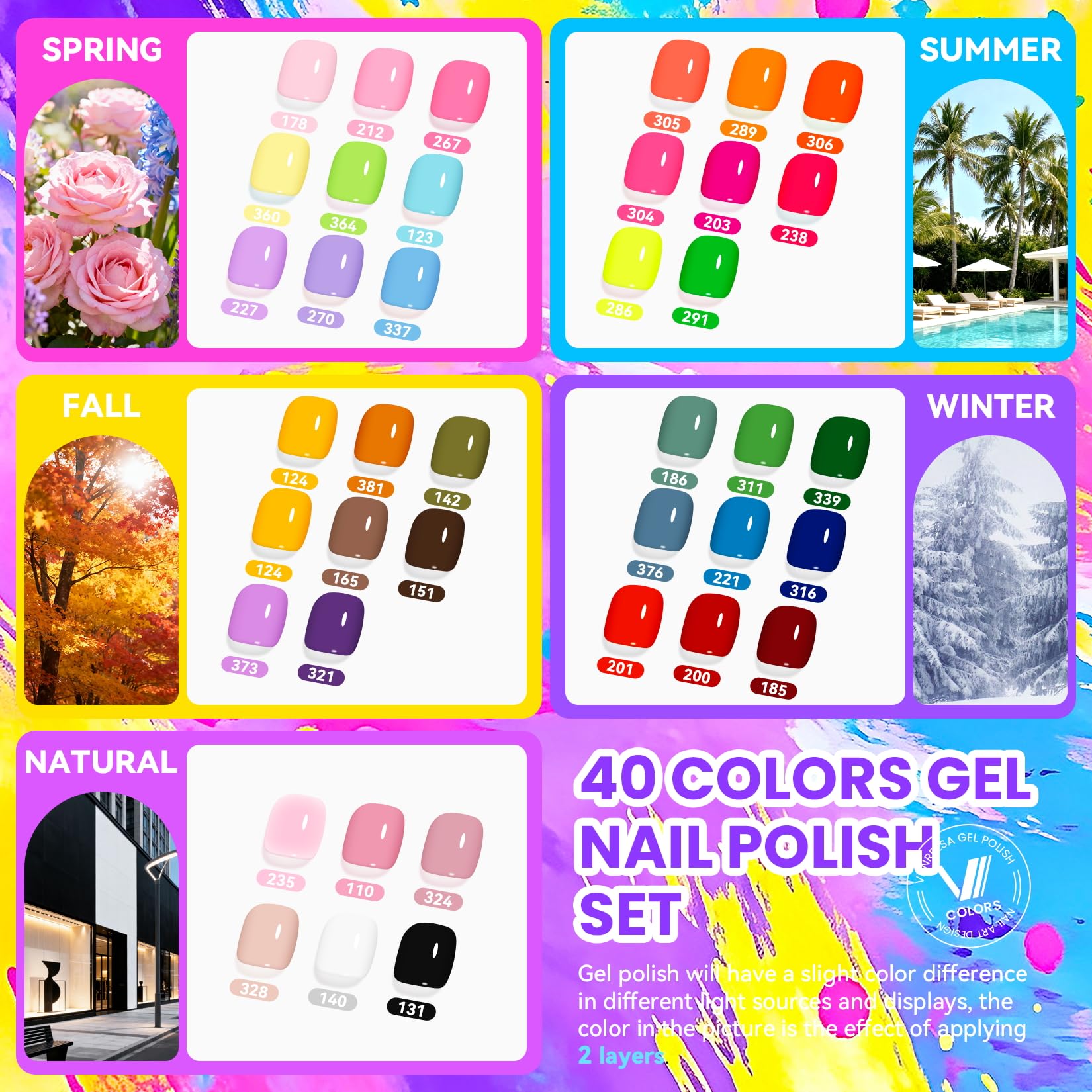 VANREESA 40-color gel polish spread, showing variety for all seasons