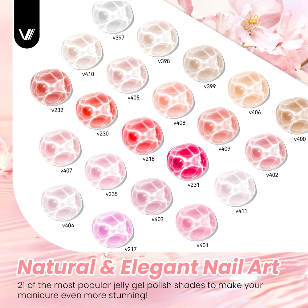 VANREESA color row display of 21 jelly shades illustrating versatile palette benefit