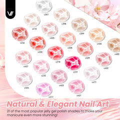 VANREESA color row display of 21 jelly shades illustrating versatile palette benefit