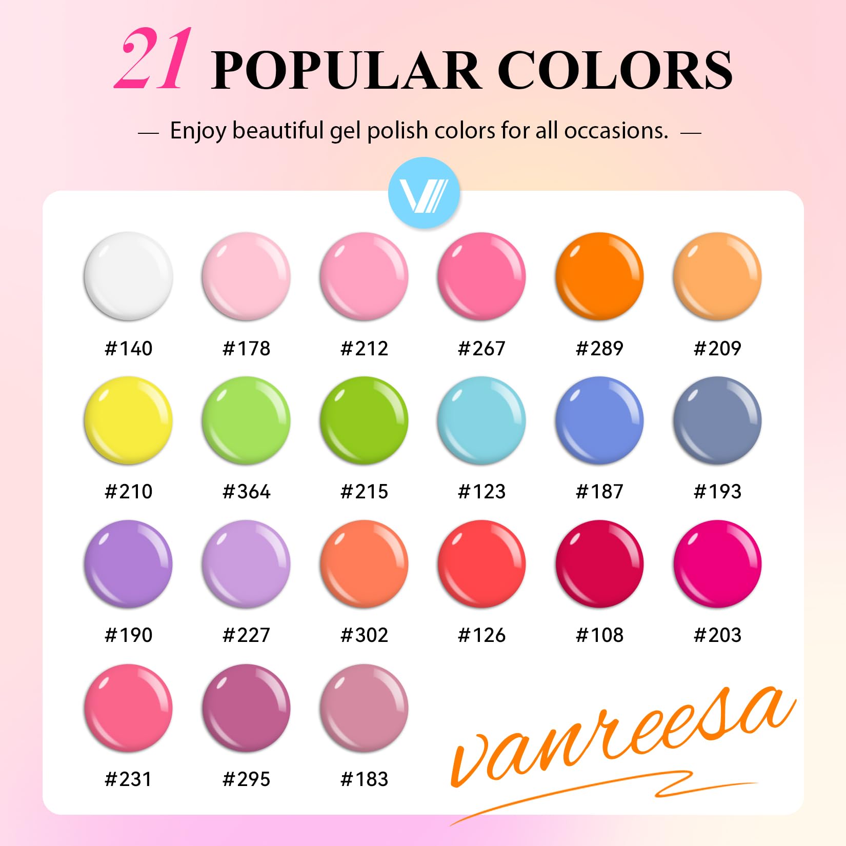 VANREESA color swatch array of 21 macaroon shades showcasing color variety