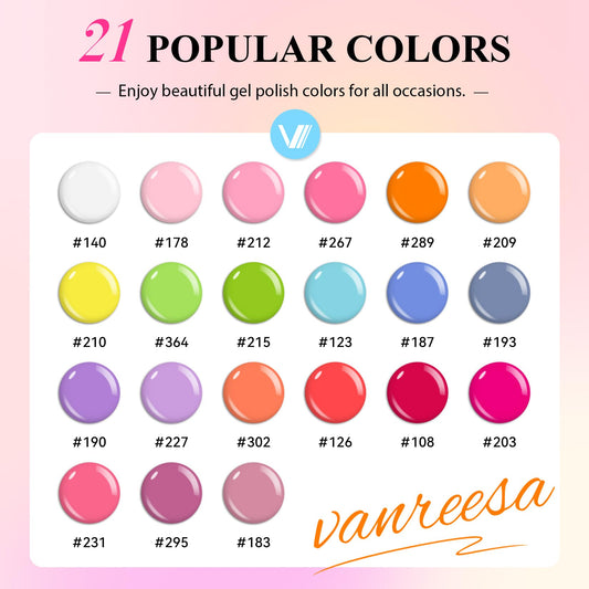 VANREESA color swatch array of 21 macaroon shades showcasing color variety