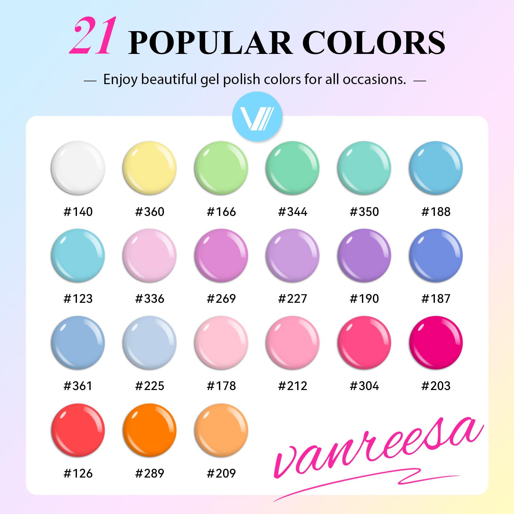VANREESA swatch layout of 21 pastel colors showing easy selection benefit