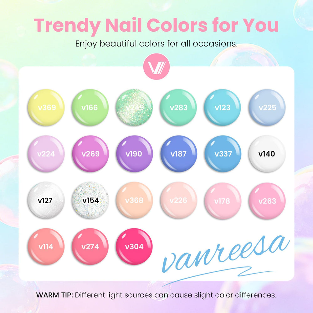 VANREESA color swatch row of 21 pastel gel shades illustrating versatile styling options