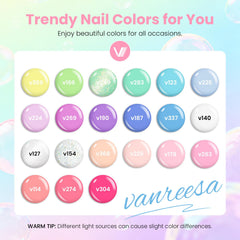 VANREESA color swatch row of 21 pastel gel shades illustrating versatile styling options