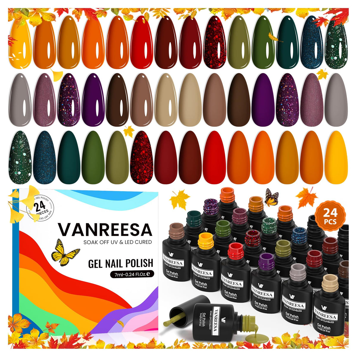 VANREESA front packaging showing 24-piece fall gel polish kit and included bottles