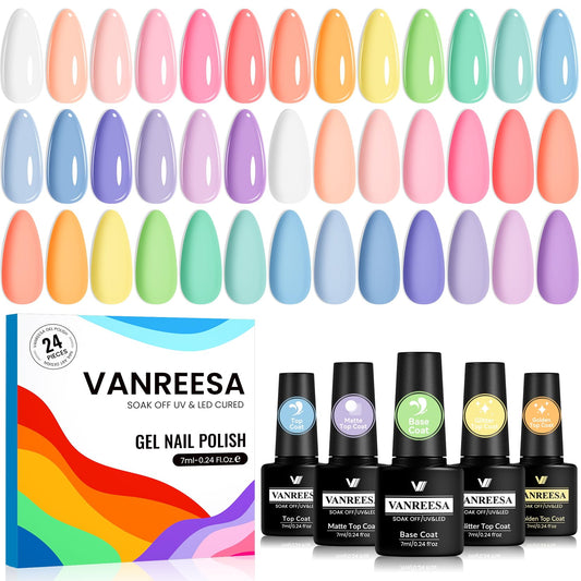 VANREESA front packaging showing full pastel gel polish set and kit benefit