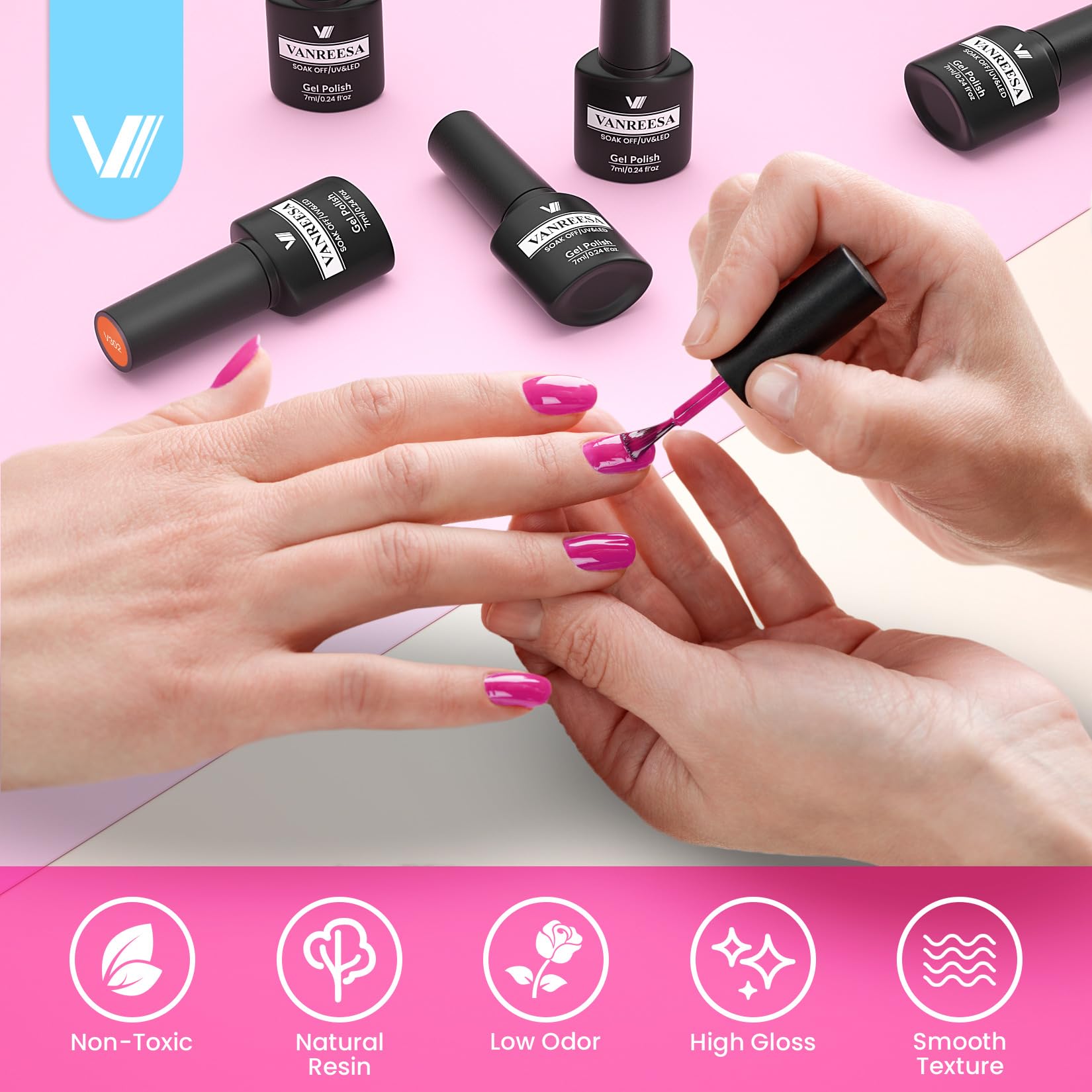 VANREESA glossy and matte top coats displayed to show finish options and versatility