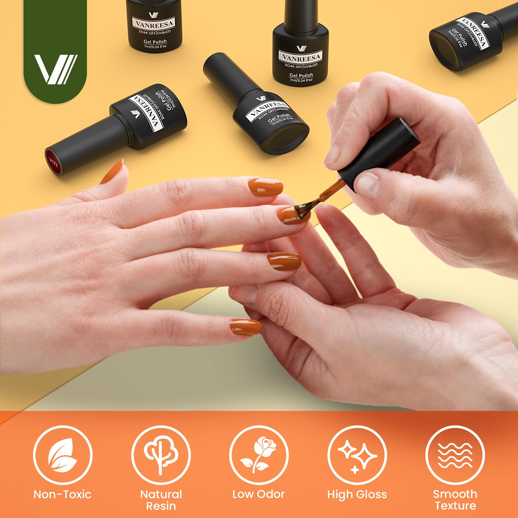 VANREESA glossy and matte top coats displayed for finish variety and durable shine