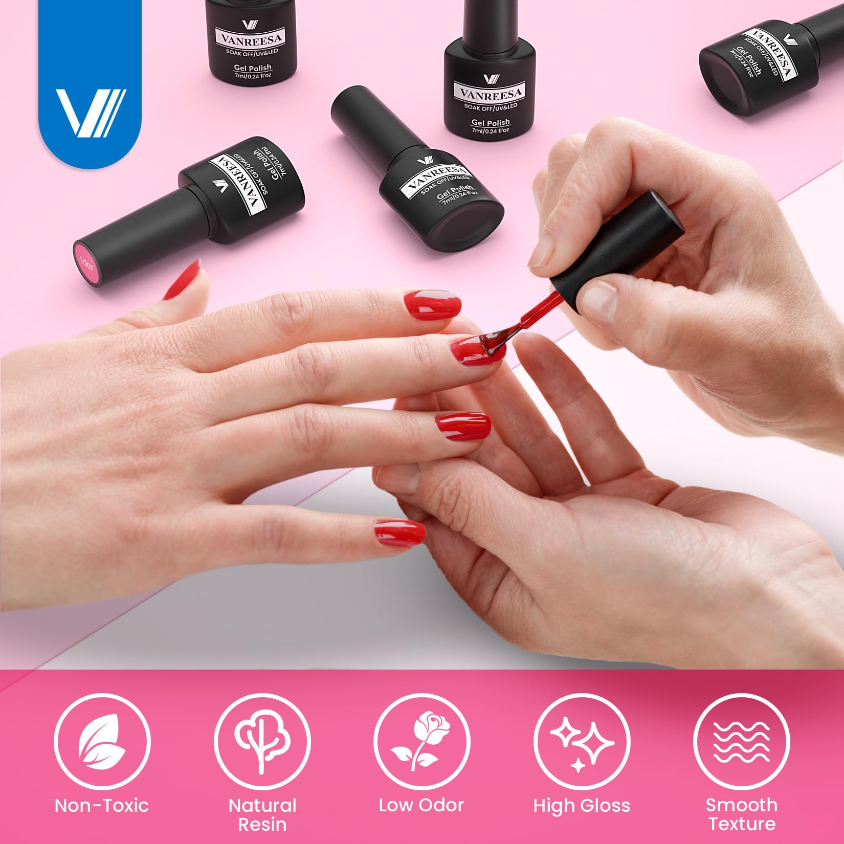 VANREESA glossy top coat application on nail showing high shine