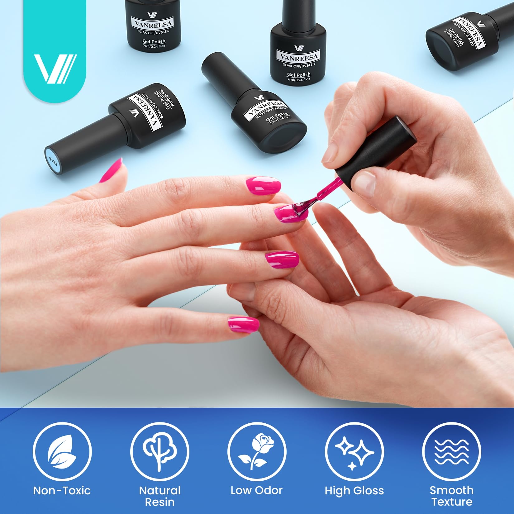VANREESA matte top coat detail demonstrating soft, modern texture benefit