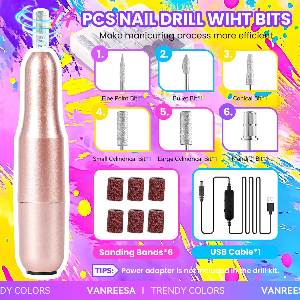 VANREESA nail drill and six bits displayed for precise nail shaping