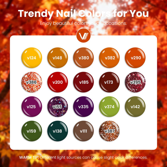 VANREESA closeup of 19 autumn gel shades, precise color selection benefit