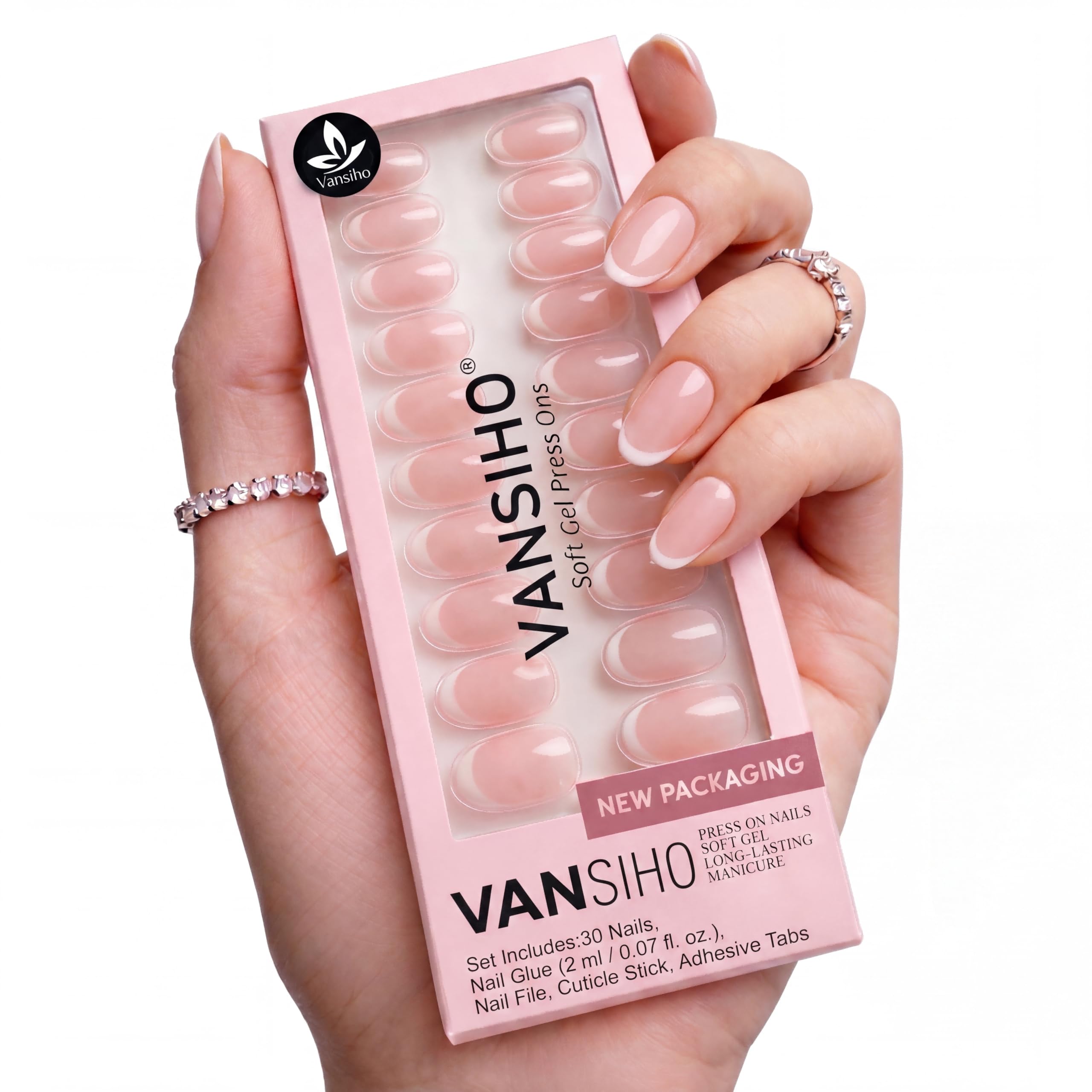 Vansiho front packaging showing almond French tip nails and value kit benefit