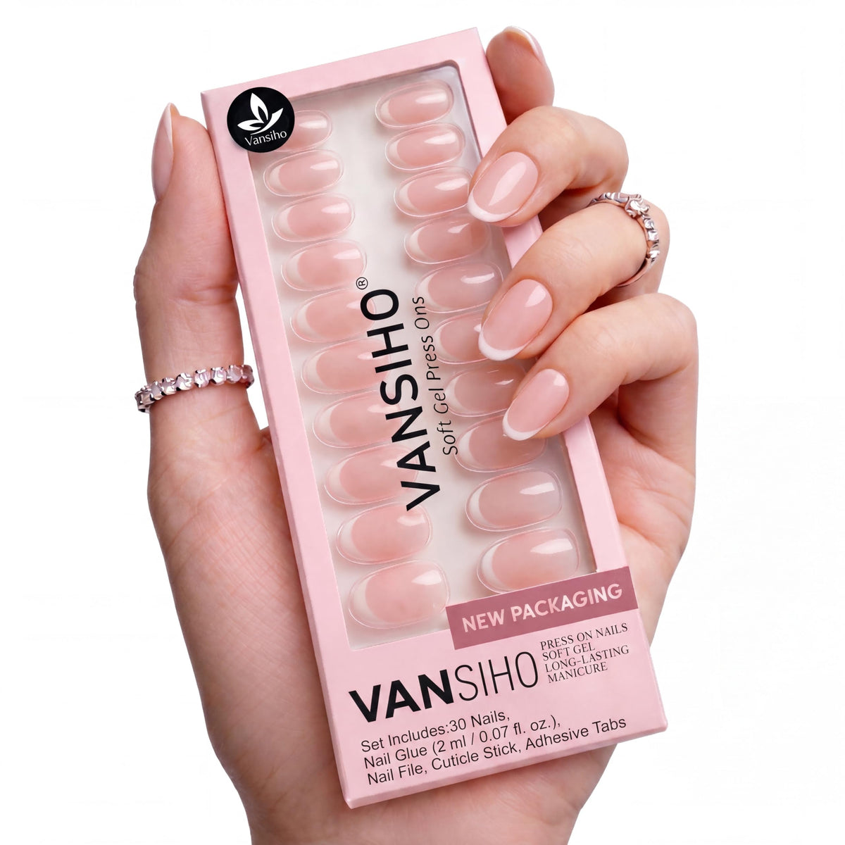 Vansiho front packaging showing almond French tip nails and value kit benefit