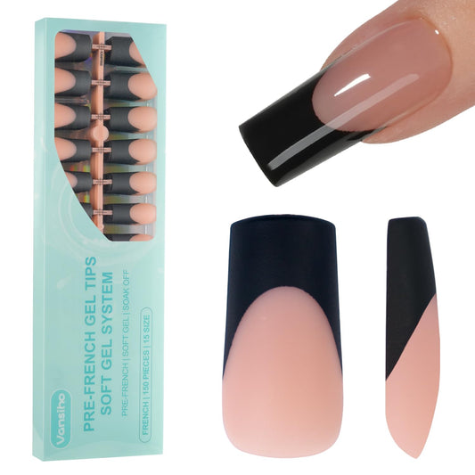 Vansiho front packaging showing 150 black French gel tips and quick benefits