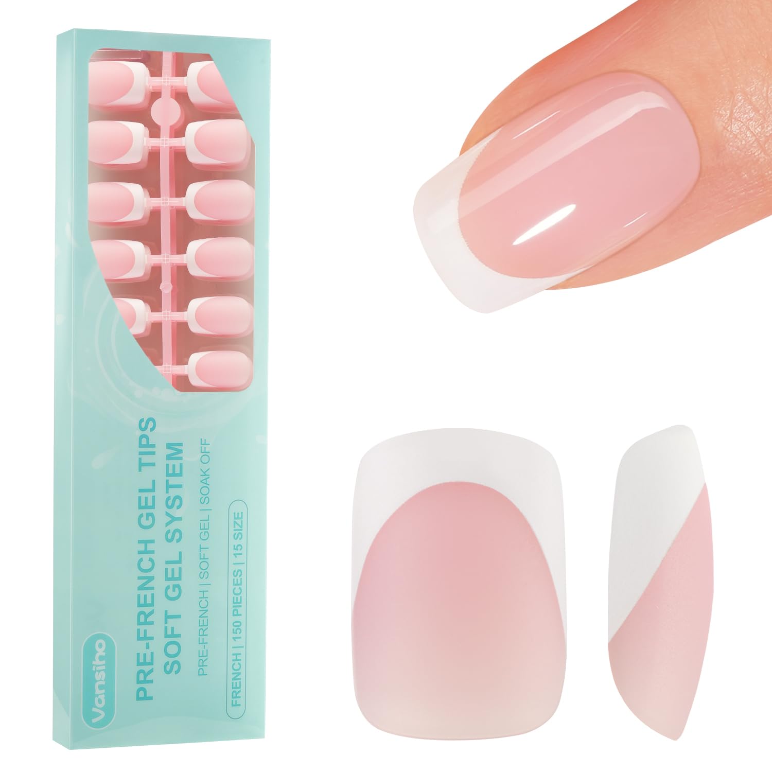 Vansiho front packaging showing 150 soft gel French nails and quick application benefit