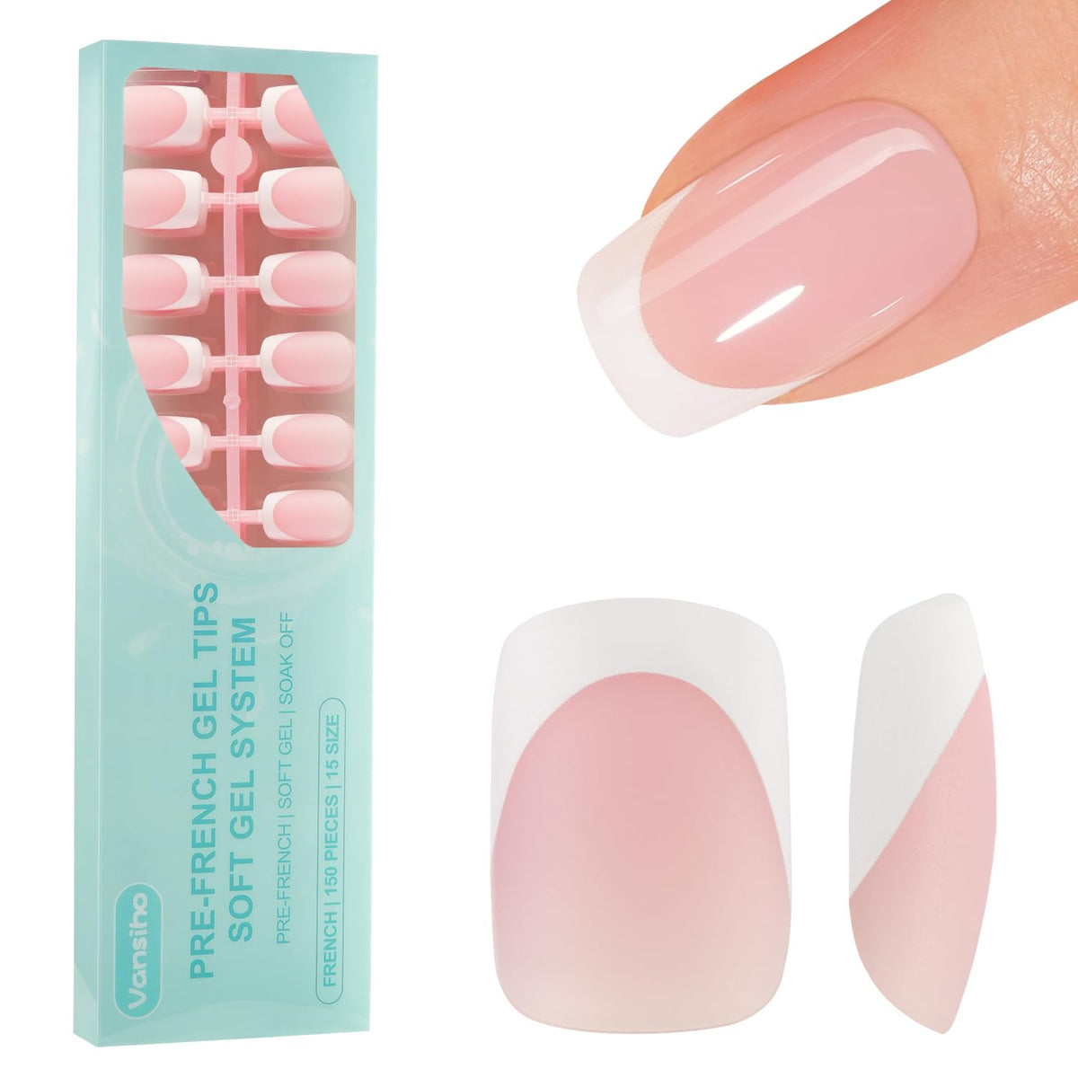 Vansiho front packaging showing 150 soft gel French nails and quick application benefit