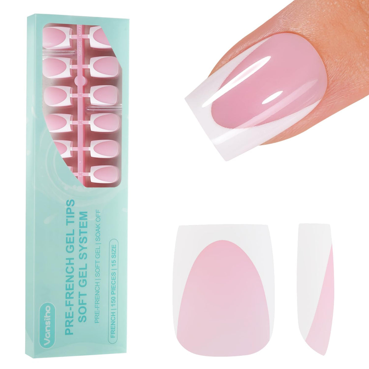 Vansiho front packaging showing 150-piece French gel tip set and fast application benefit