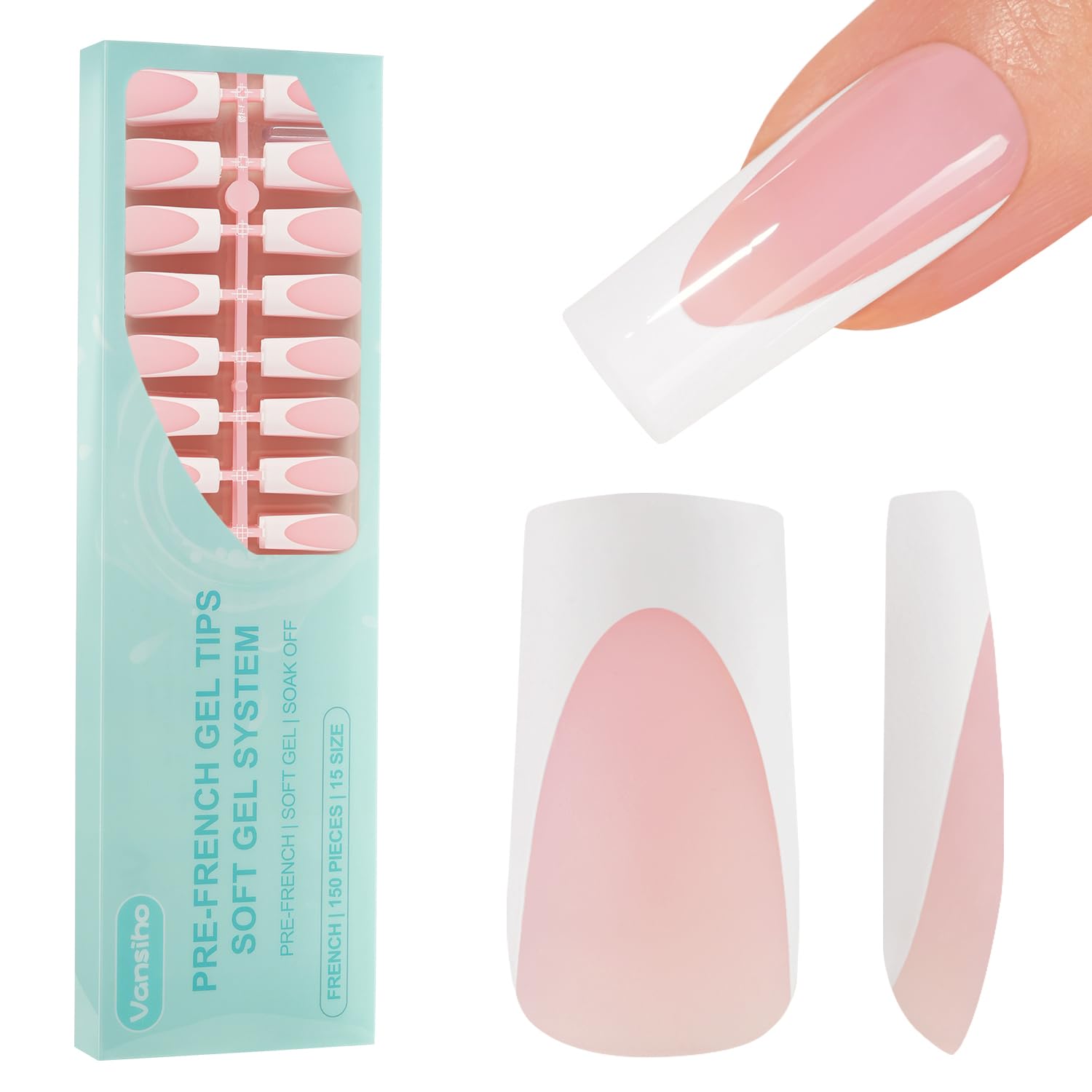 Vansiho front packaging with 150 pink French gel tips and clear benefits shown