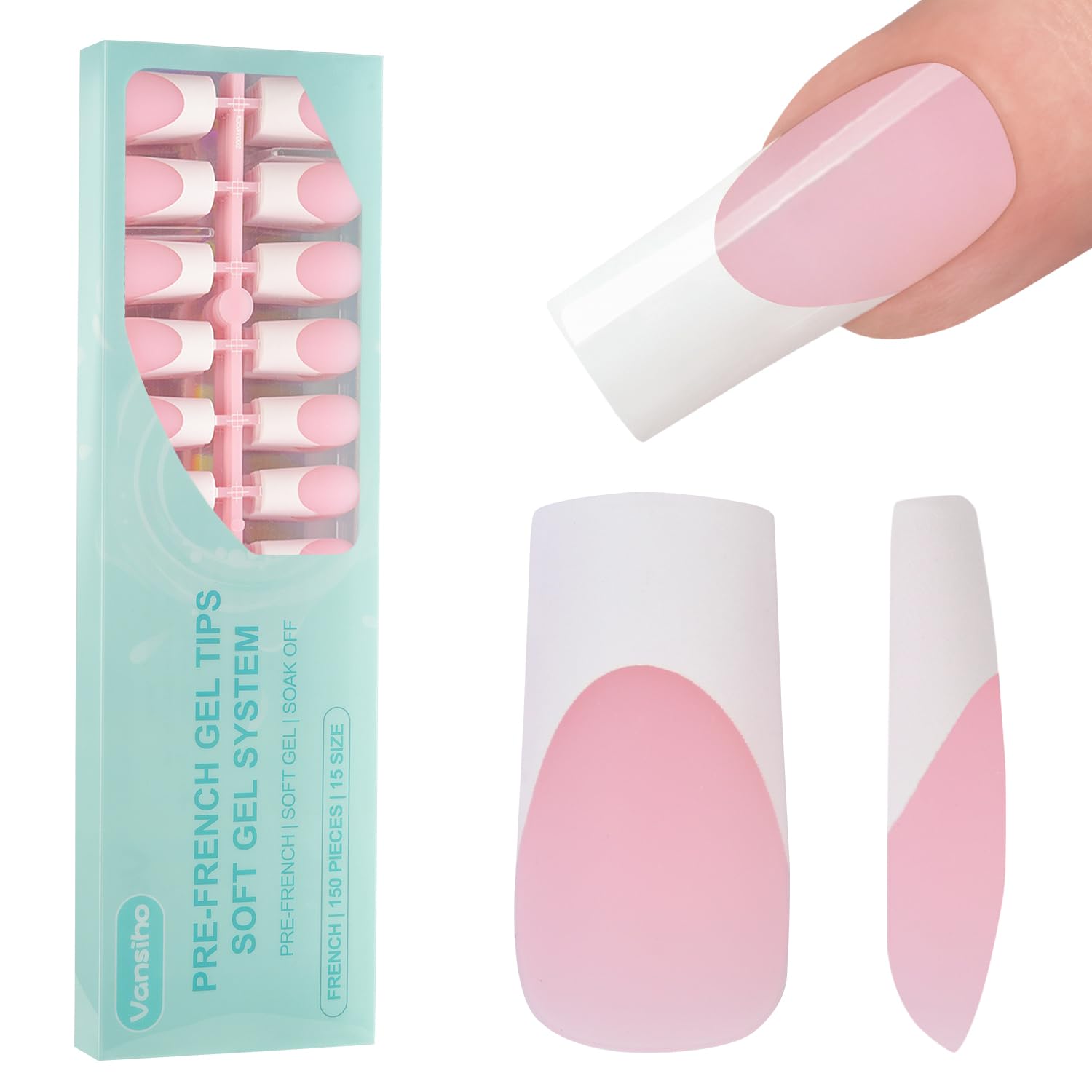 Vansiho front packaging showing 150-piece French tips and fast DIY benefit