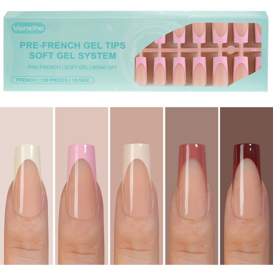 Vansiho front packaging showing 150 gel nail tips and brand name, clear kit benefit
