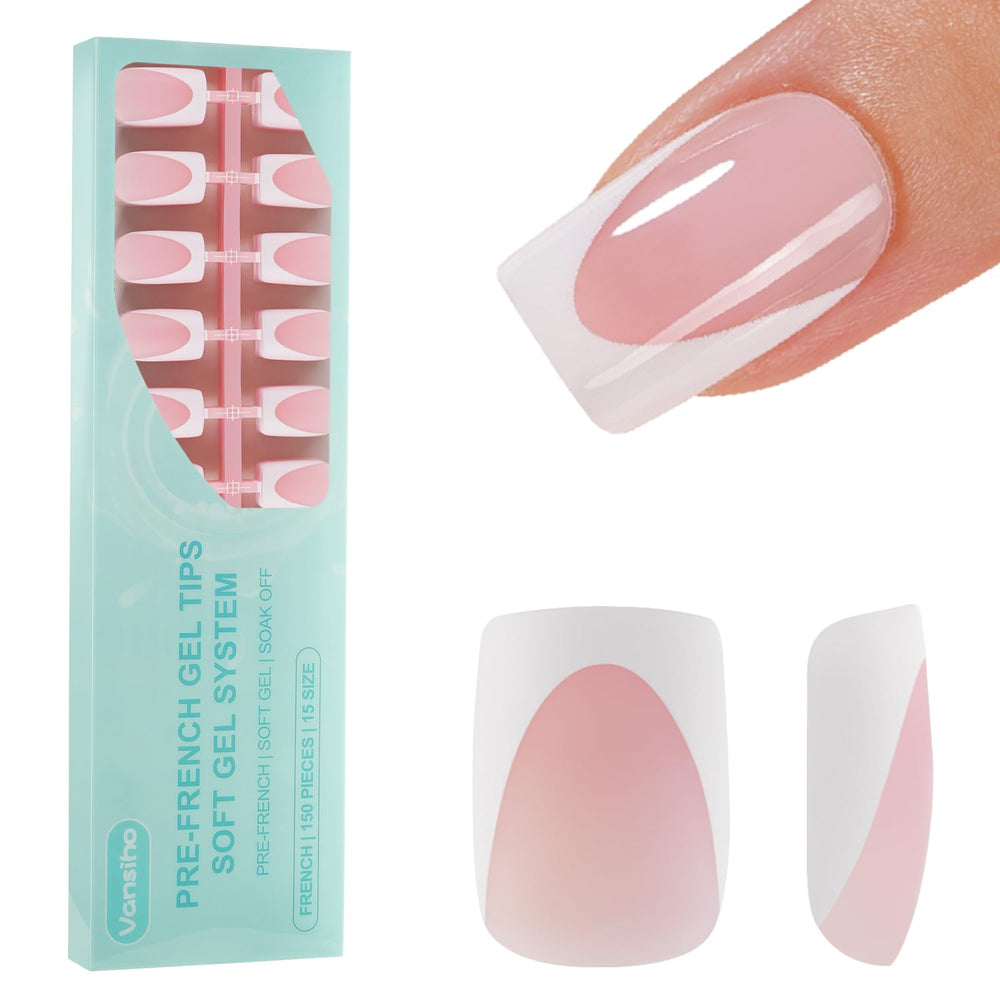 Vansiho front packaging showing 150 gel French nail tips and benefits