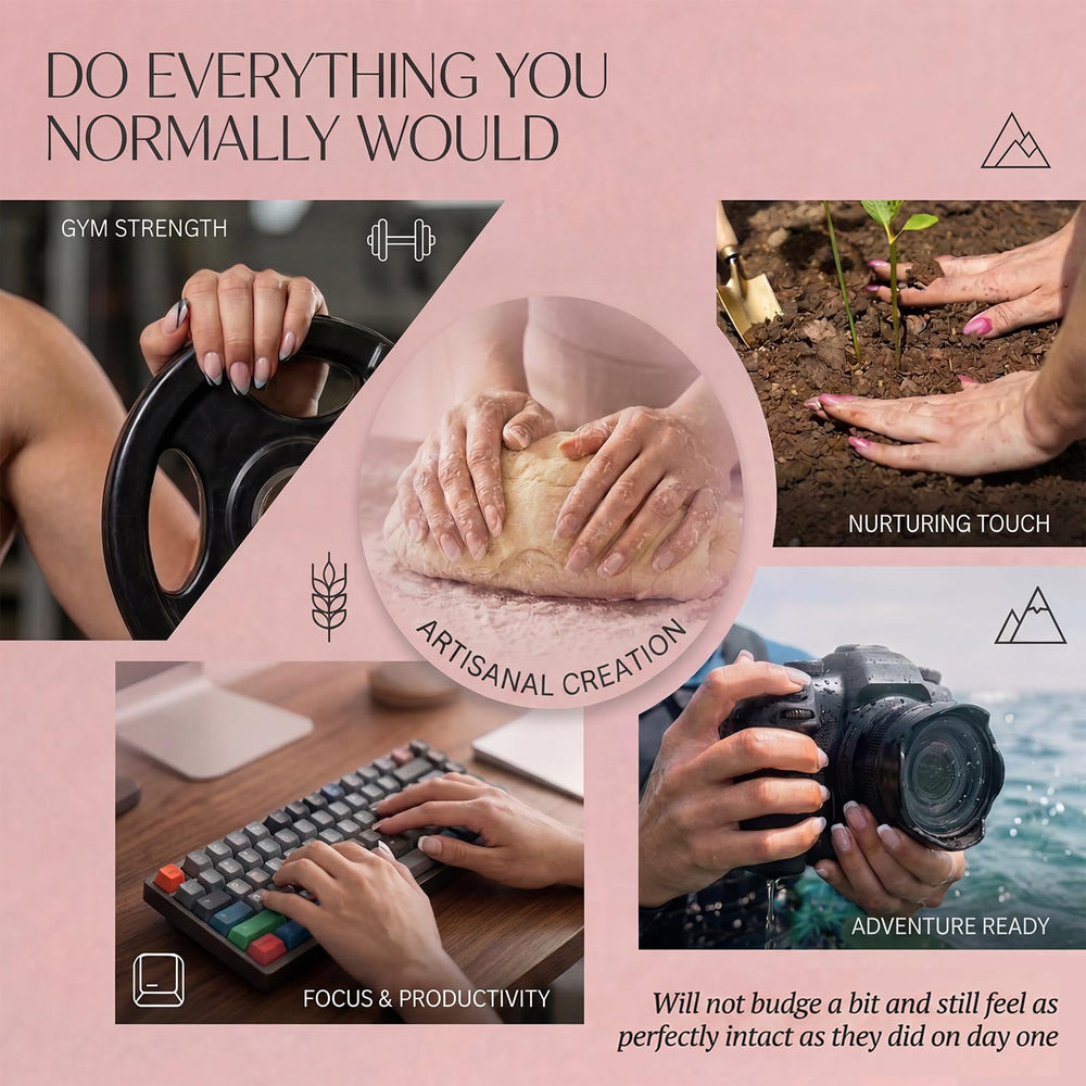 Vansiho lifestyle shot of worn almond nails offering a polished everyday look